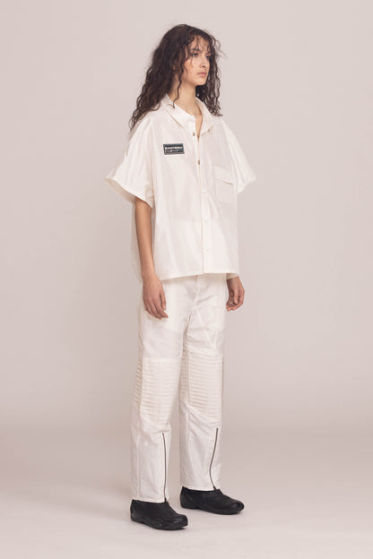 WHITE SILK TAFFETA MOTO PANT