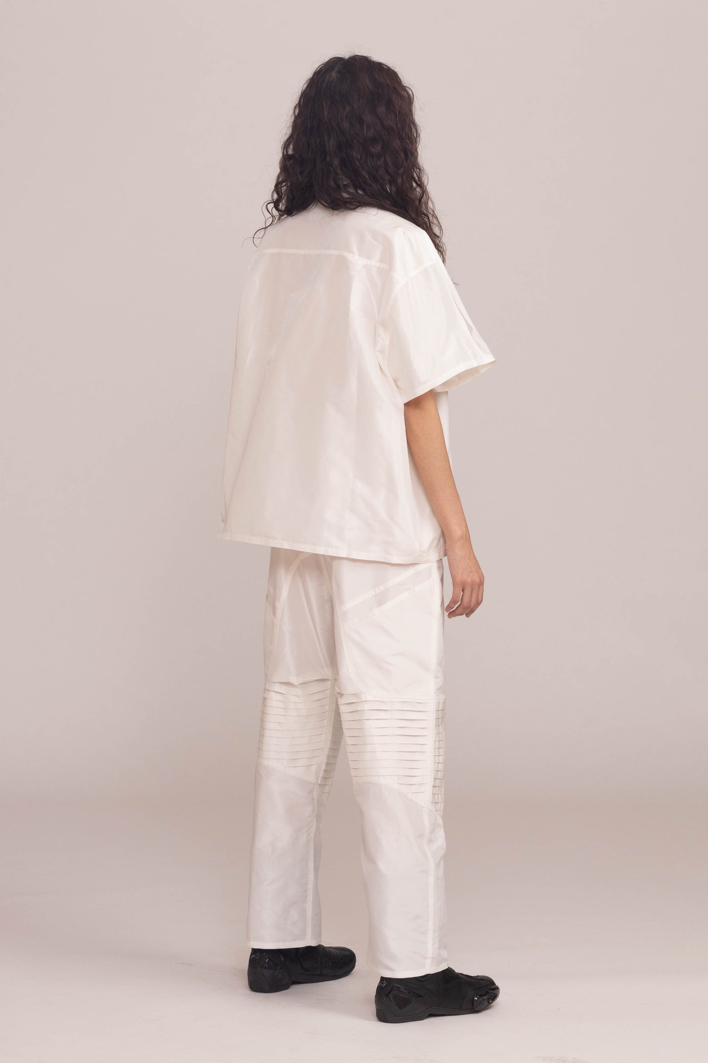 WHITE SILK TAFFETA MOTO PANT