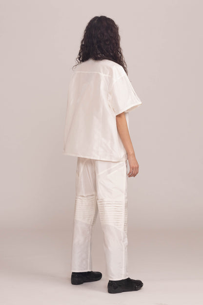 WHITE SILK TAFFETA MOTO PANT