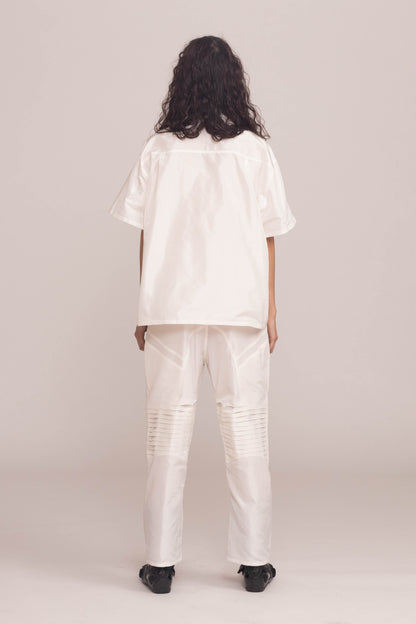 WHITE SILK TAFFETA SHORT SLEEVE BUTTON UP